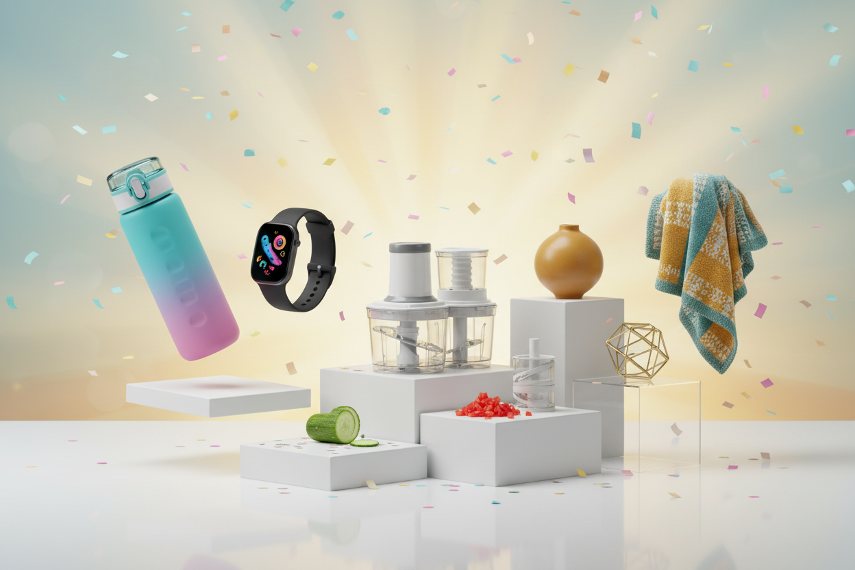 Wide e-commerce website banner, realistic 4k. A creative composition of trending daily life products: a colorful water bottle, a smart watch, a vegetable chopper, and unique home decor items floating or arranged neatly on a podium. Bright, cheerful background with confetti. High-end product photography, studio lighting, professional advertising style.
